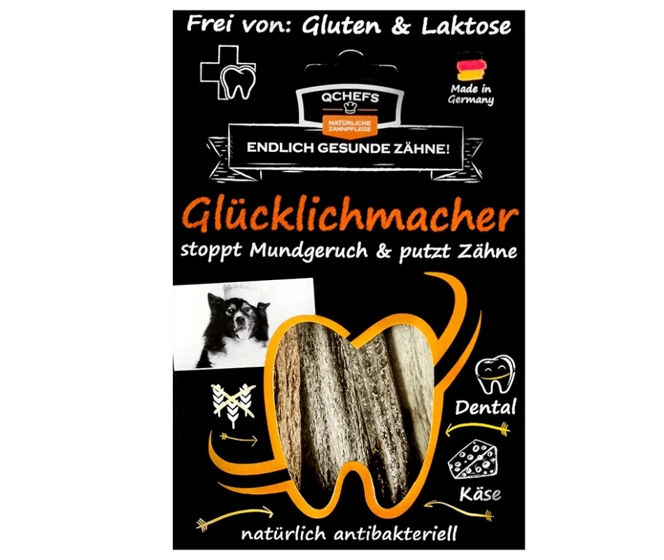 Čtyři lahodné tyčinky na čištění zubů Psí potěšení se sýrem Glucklichmacher Čtyři lahodné tyčinky na čištění zubů Psí potěšení se sýrem Glucklichmacher