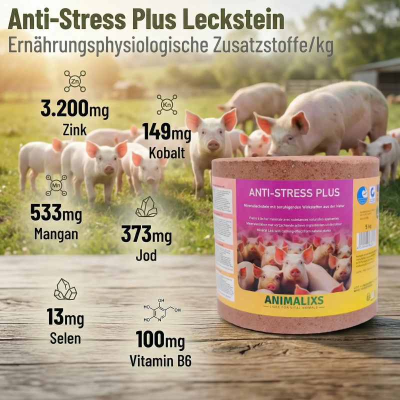 Minerální liz pro prasata s uklidňujícím a relaxačním účinkem Anti-Stress Plus Minerální liz pro prasata s uklidňujícím a relaxačním účinkem Anti-Stress Plus