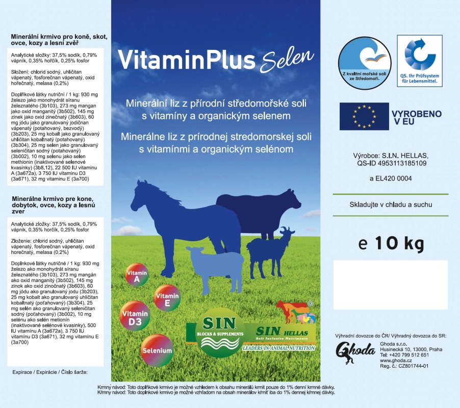 Minerální liz z mořské soli s organickým selenem, vitamíny, fosforem, hořčíkem, vápníkem a stopovými prvky Vitblok s organickým selenem Minerální liz z mořské soli s organickým selenem, vitamíny, fosforem, hořčíkem, vápníkem a stopovými prvky Vitblok s organickým selenem